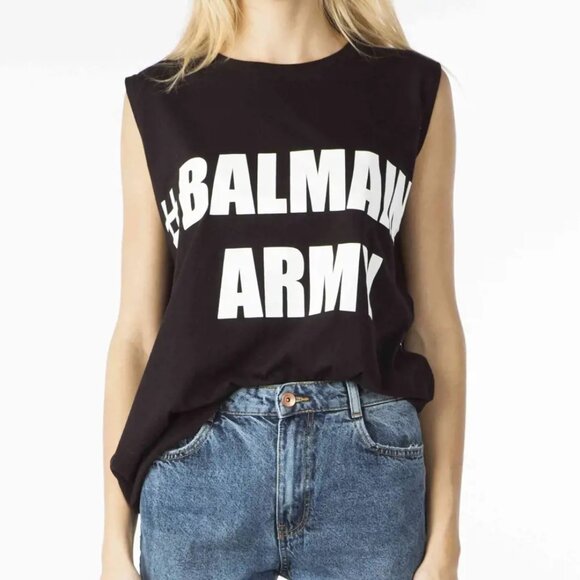 Balmain Black Cotton "#Balmain Army" Graphic Muscle Tank - Picture 1 of 10